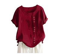 Camicette da donna a maniche corte, taglie grandi, estive, tinta unita, con bottoni, scollo rotondo, leggere e ariose, casual, a maniche corte, Colore: rosso, 5XL
