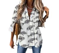 Camicette da donna a maniche lunghe con bottoni, con stampa fossile, con scheletro, con stampa fossile, camicette da donna eleganti e casual, multicolore, XL