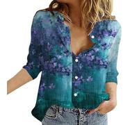 Camicette da donna a maniche lunghe con colletto - Camicette e camicie da donna con scollo a V comodo lino - Linentops oversize tinta unita magliette per uscire top estivi da lavoro casual da donna