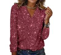 Camicette da donna a maniche lunghe con paillettes glitterate, con scollo a V scintillante, per feste, concerti casual, vacanze, Rosso rosato, 3XL