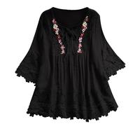Camicette da donna a tunica in pizzo bohémien con maniche a 3/4 stile bohémien sciolto floreale grafica ricamata top 2025 camicia indiana con volant per donne anziane fluide con lacci in lino boho