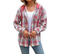 Camicette da Donna Camicie Oversize vestibilità Regolare Maniche Lunghe abbottonate Top da Lavoro alla Moda Camicia a Quadri da Donna con Tasca(Red,S)