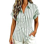 Camicette da donna casual a maniche corte a righe con bottoni camicie estive da donna top, Verde scuro, M