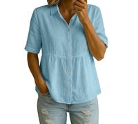 Camicette da donna casual estive in cotone e lino, a maniche corte, con colletto e bottoni, Azzurro, XXL