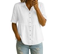 Camicette da donna casual estive in cotone e lino, a maniche corte, con colletto e bottoni, bianco, XL