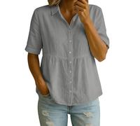 Camicette da donna casual estive in cotone e lino, a maniche corte, con colletto e bottoni, Grigio, XXL