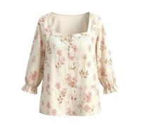 Camicette da donna con maniche a 3/4 con volant e stampa floreale retrò estiva con scollo quadrato e bottoni, rosa, 3XL