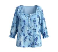 Camicette da donna con maniche a 3/4 con volant e stampa floreale retrò estiva con scollo quadrato e bottoni, blu cielo, XL
