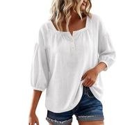 Camicette da donna con maniche a 3/4, scollo quadrato, in lino, casual, estive, bianco, L