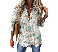 Camicette da Donna con Motivi di fichi d'India, Cactus e Triangoli, Camicie hawaiane a Maniche Lunghe con Bottoni, Magliette e Top
