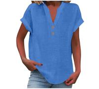 Camicette da donna con scollo a V in cotone e lino con polsino estivo a maniche corte Top a tunica con bottoni leggeri Camicie lunghe per la stagione calda Plus Size I miei ordini 2025 Ordine, Blu, S