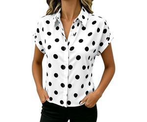 Camicette da donna eleganti a pois con bottoni sul colletto camicie da donna estive a maniche corte, bianco, L