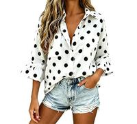 Camicette da donna eleganti a pois increspate con maniche a 3/4 con colletto estivo con bottoni, Pois bianchi, S