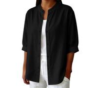 Camicette da donna eleganti con maniche a 3/4, con bottoni, in cotone e lino, stile casual, Nero , 3XL