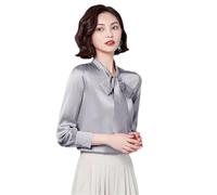 Camicette da donna eleganti in raso di seta a maniche lunghe da ufficio da donna camicette di base top, Grigio argento, L