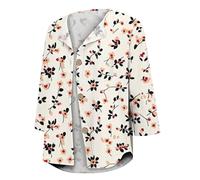 Camicette da donna estive con stampa floreale, maniche a 3/4, da spiaggia, casual, con bottoni, Beige, XL