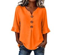 Camicette da donna in cotone e lino, con maniche a 3/4, con bottoni e pieghe, eleganti, estive, Arancione, XXL