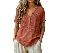 Camicette da donna in cotone e lino, maniche a 3/4, ricamate, casual, con scollo a V, estive, Arancione, S