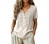 Camicette da donna in cotone e lino, maniche a 3/4, ricamate, casual, con scollo a V, estive, Beige, S