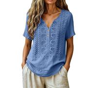 Camicette da donna in cotone e lino, maniche a 3/4, ricamate, casual, con scollo a V, estive, Blu, 3XL