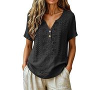 Camicette da donna in cotone e lino, maniche a 3/4, ricamate, casual, con scollo a V, estive, Nero , S