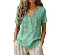 Camicette da donna in cotone e lino, maniche a 3/4, ricamate, casual, con scollo a V, estive, Verde menta, 3XL