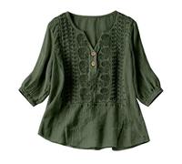 Camicette da donna in cotone e lino, maniche a 3/4, ricamate, casual, con scollo a V, Verde scuro, 3XL