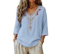 Camicette da donna in cotone e lino, maniche a 3/4, ricamate, leggere, casual, estive, Azzurro, XXL