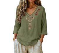 Camicette da donna in cotone e lino, maniche a 3/4, ricamate, leggere, casual, estive, Verde, XL