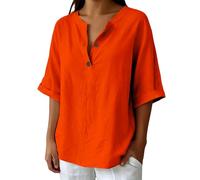 Camicette da donna in cotone e lino, maniche a 3/4, scollo a V, elegante, casual, sciolto, top da lavoro, Arancione, XL
