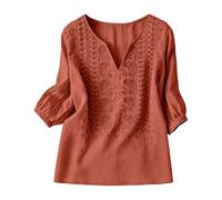 Camicette da donna in cotone e lino, maniche a 3/4, scollo a V, ricamate, estive, da spiaggia, Arancione, L