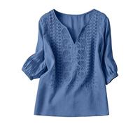 Camicette da donna in cotone e lino, maniche a 3/4, scollo a V, ricamate, estive, da spiaggia, Blu, XL