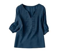 Camicette da donna in cotone e lino, maniche a 3/4, scollo a V, ricamate, estive, da spiaggia, Marina Militare, XXL