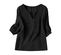 Camicette da donna in cotone e lino, maniche a 3/4, scollo a V, ricamate, estive, da spiaggia, Nero , M
