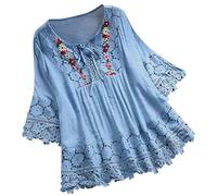 Camicette da donna in lino bohémien con scollo a V, tunica boho patchwork floreale grafica ricamata top 2026 camicia indiana con volant sul davanti per donne anziane Club Liene Crochet Loose Fit