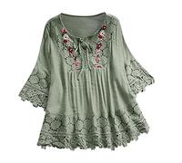 Camicette da donna in lino con lacci, stile bohémien, con maniche a 3/4, motivo floreale, ricamata, estiva, indiana, con volant, per donne anziane, graziose, in garza, stile bohémien, per feste,