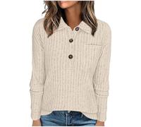 Camicette da donna in maglia a coste con bottoni UK camicie da vacanza casual sciolte comode magliette basic con colletto top a maniche lunghe autunno inverno tunica top con tasca, Beige, M