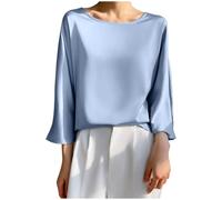 Camicette da donna in raso con maniche a 3/4 leggere girocollo top business casual slim fit pullover camicie da donna ufficio lavoro camicetta tre quarti top estate autunno uso quotidiano, Azzurro, M