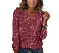 Camicette da donna per capodanno con paillettes glitterate e scollo a V, maniche lunghe, peplo alla moda, estetica indie, Rosso rosato, XL
