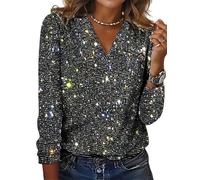 Camicette da donna per capodanno con paillettes glitterate e scollo a V, maniche lunghe, peplo alla moda, estetica indie, Nero , XL
