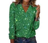 Camicette da donna per capodanno con paillettes glitterate e scollo a V, maniche lunghe, peplo alla moda, estetica indie, Verde, 3XL