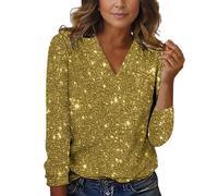 Camicette da donna per capodanno con paillettes glitterate e scollo a V, maniche lunghe, peplo alla moda, estetica indie, Giallo, 3XL