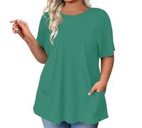 Camicette da donna taglie forti a maniche corte casual girocollo estate tunica tinta unita camicette larghe con tasche, 1b-verde, 5XL