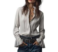 Camicette da donna vintage con cerniera completa e maniche a campana, colletto alla coreana con volant e maniche lunghe, bianco, 3XL