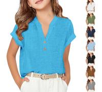 Camicette da ragazza in lino a maniche corte con bottoni, scollo a V arricciato, comode, top casual per bambini, maglietta da spiaggia, tunica leggera, outfit a maniche corte, blu cielo, 12-13 Anni