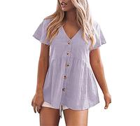Camicette di Lino Cotone da Donna Manica Corta Camicie Casual Ampi Tinta unita T-shirt Chic Scollo a V Cotone E Lino Camicia Di Grandi Dimensioni Top Ete, viola., XXL
