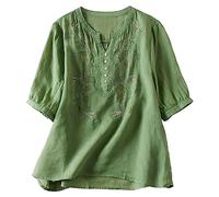 Camicette di Lino Cotone per Donne Manica Corta T-shirt Casual Sciolto Stampato Ricamato Maglietta Comfy Scollo a V in Cotone Lino Camicia Grandi Dimensioni Camicia Top Da Spiaggia, verde, M
