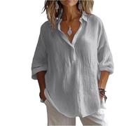 Camicette Donna Cotone Lino Tinte Unite Manica a 3/4 Colletto Rovesciato - Abbigliamento Donna Primavera Estate, Camicia Affascinante Moda Maglia Casual Traspirante Grigio 3XL