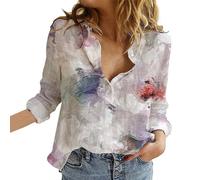Camicette Donna Curvy Camicie Lino Leggera Camicia Manica Lunga Boho Maglietta Casual Floreale Camice Elegante Fantasia Taglie Forti Tunica Cotone E Lino Vintage Blusa Estiva con Bottoni Scollo a V