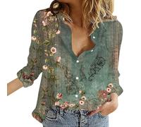 Camicette Donna Estiva Curvy Camicie Cotone e Lino Leggera Scollo a V Camicia Manica Lunga Boho Maglietta Casual Floreale Camice Elegante Fantasia Blusa con Bottoni Taglie Forti Vintage Tops